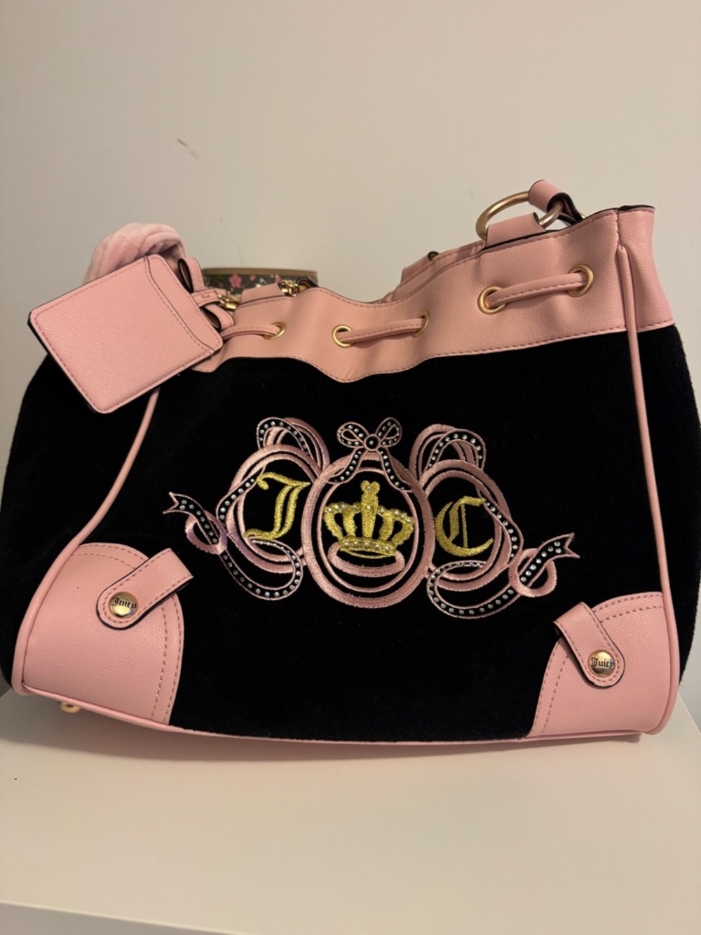 Juicy Couture Black and Pink Crown Crest Tote